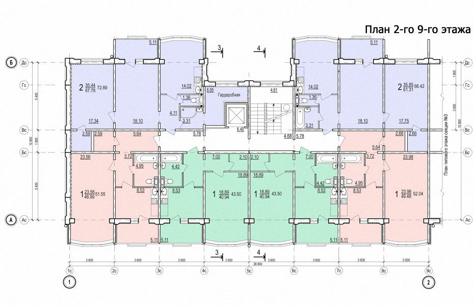 План, ЖД по ул. Дагаева, 3, секция 4, 2-9 этаж