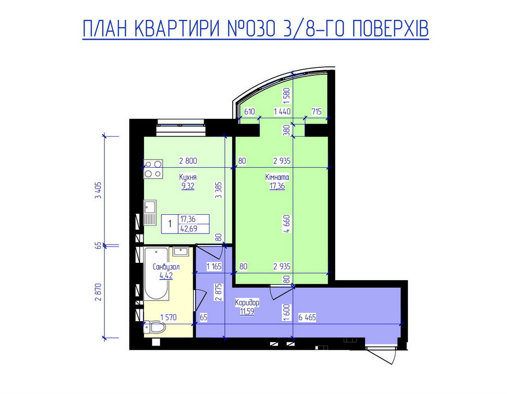 План, ЖК Лазурный, квартира № 30, 3-8 этаж