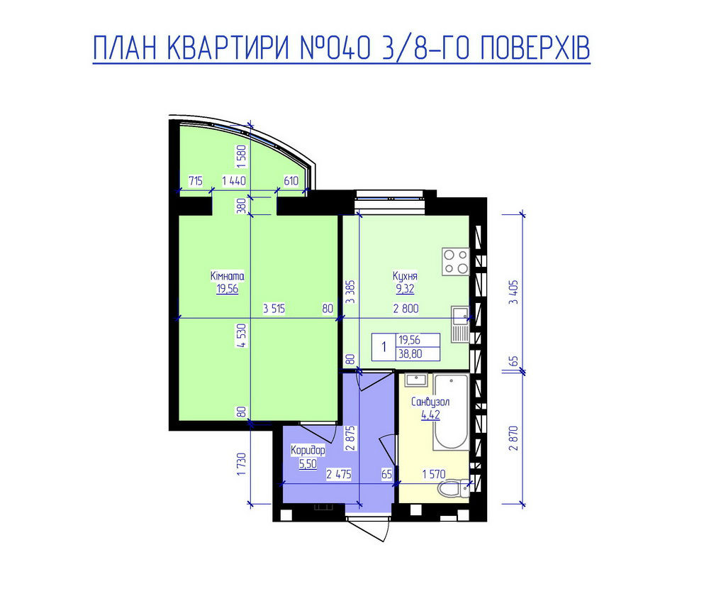 План, ЖК Лазурный, квартира № 40, 3-8 этаж