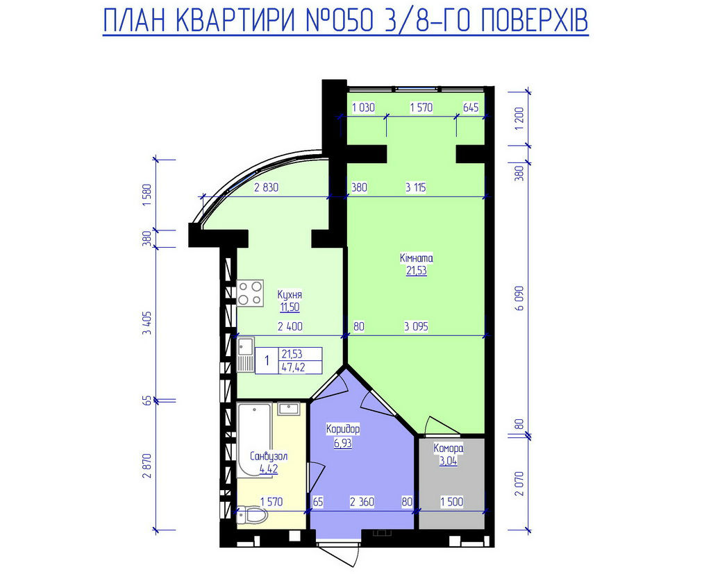 План, ЖК Лазурный, квартира № 50, 3-8 этаж