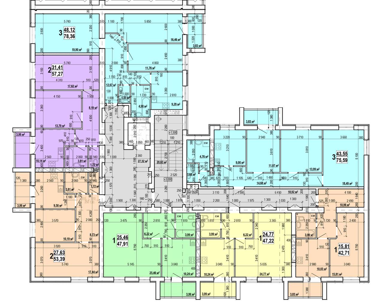 План, ЖК Мира-3, дом 9, секция 2, 2-9 этаж