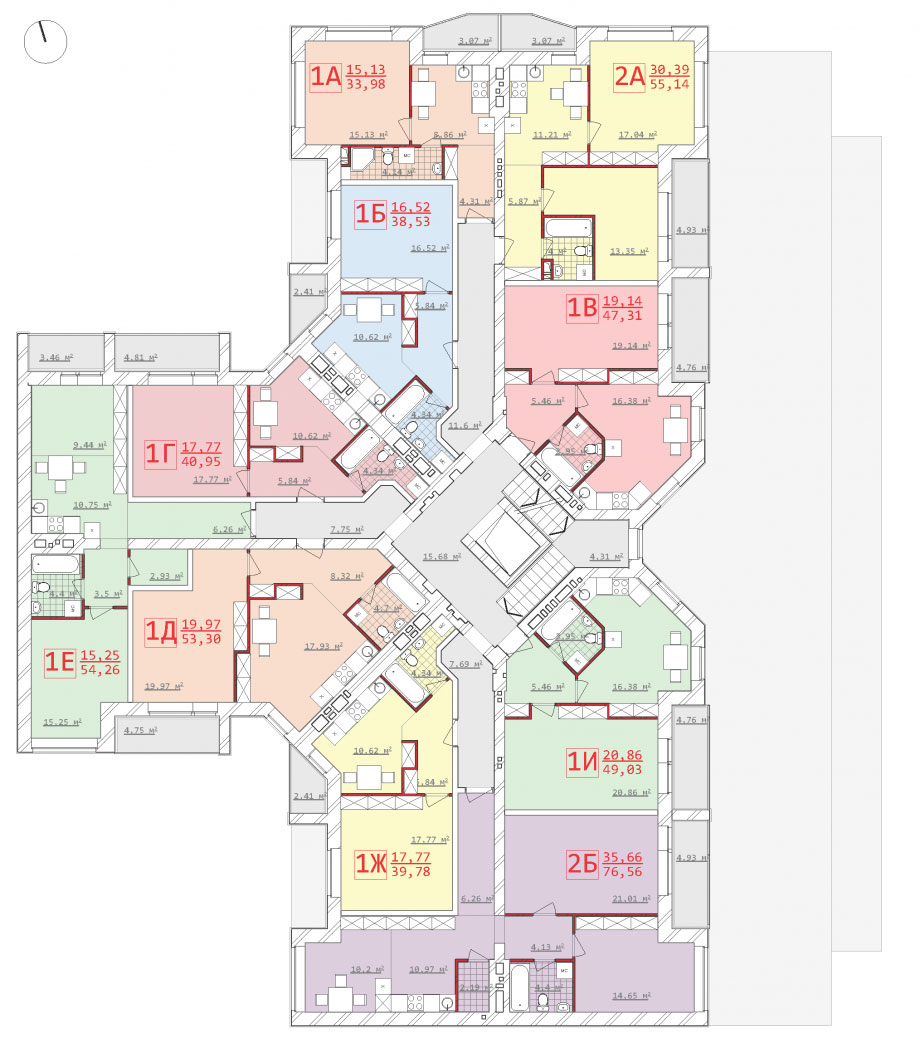 План, ЖК Новый дом на Котлова, Секция 2Б, 2-9 этаж