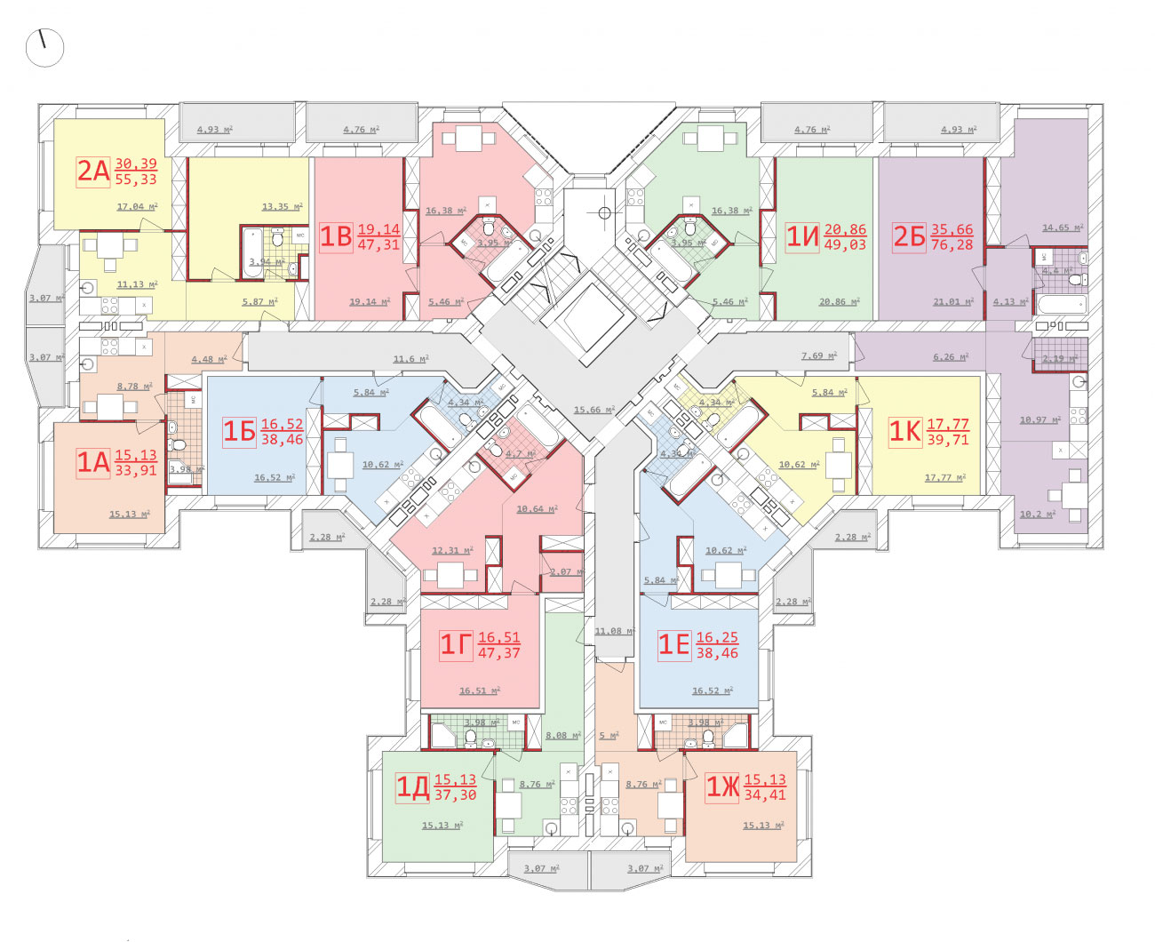 План, ЖК Новый дом на Котлова, Секция 2В, 2-9 этаж