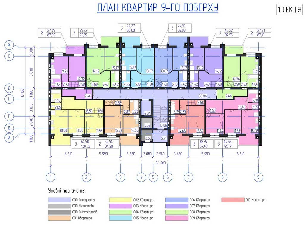 План, ЖК Олимпийский, 1 секция, 9 этаж