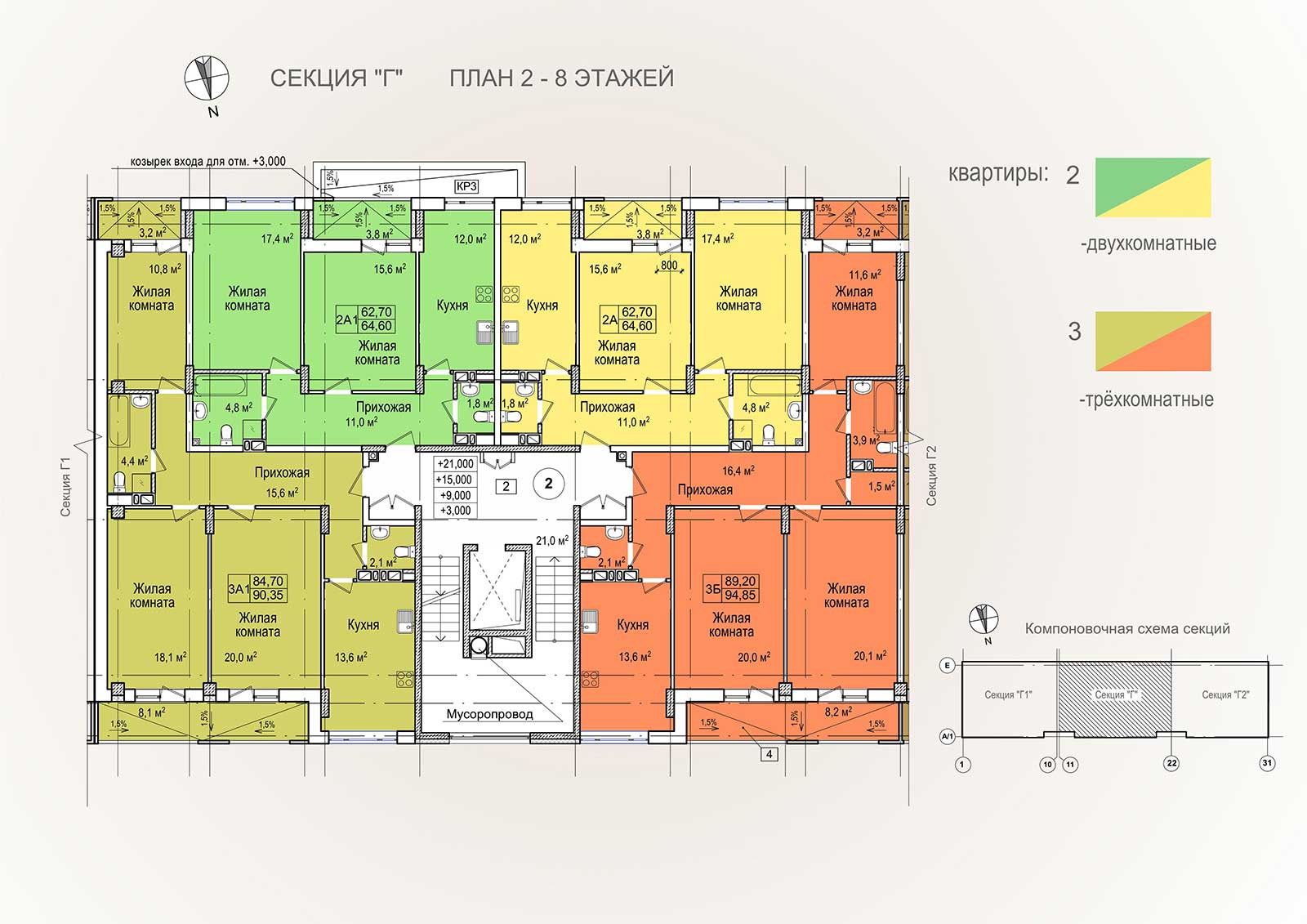 План, ЖК Пролісок, секция Г, 2-8 этаж